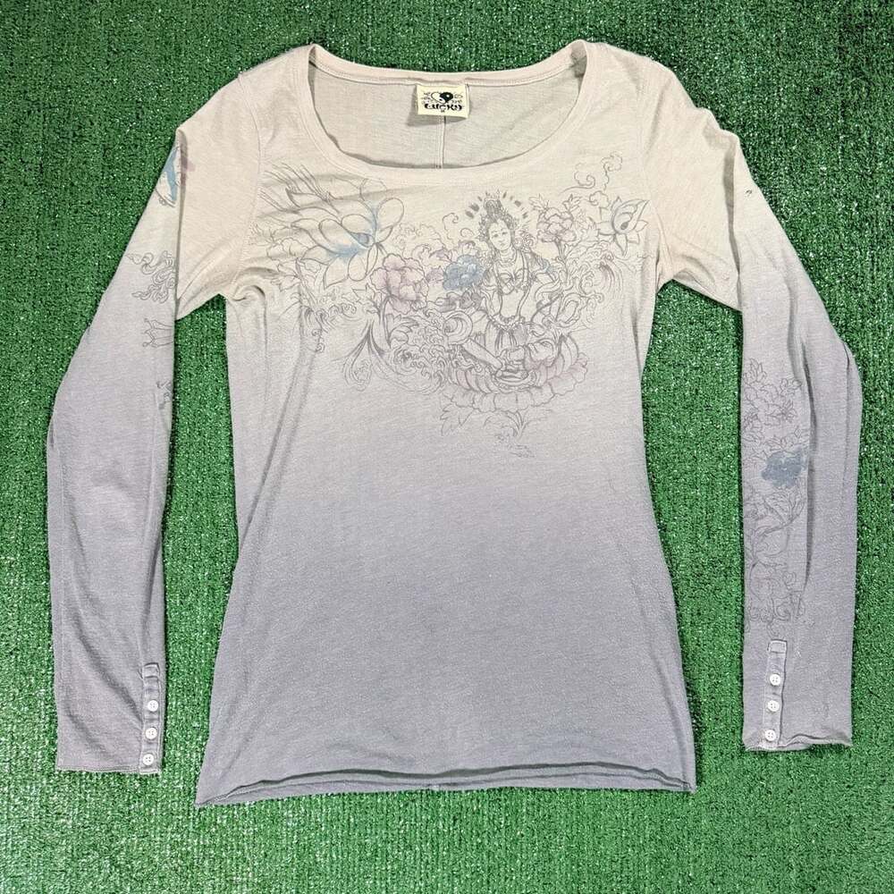 Y2K Womens Lucky Long Sleeve Graphic T-Shirt Size Medium Floral Buddha Print